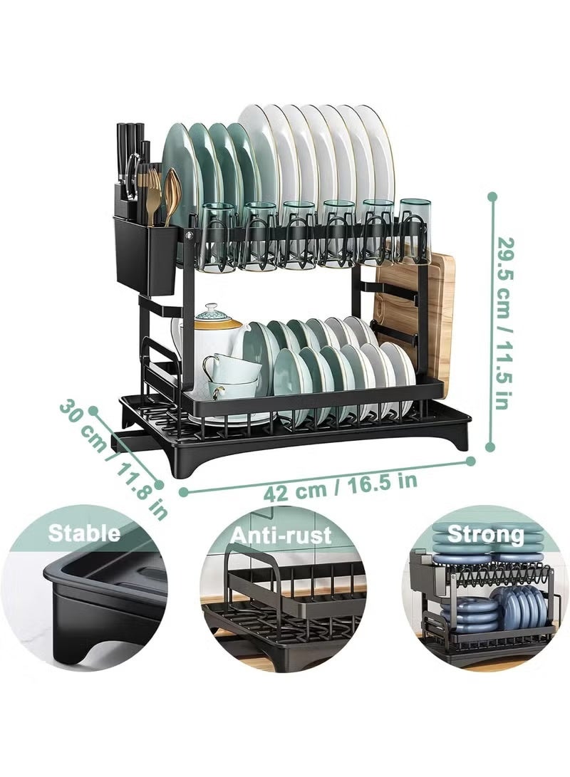 Eworld 2-Tier Stainless Steel Dish Drying Rack, Kitchen Dish Drainer with Utensil, Cup & Cutting Board Holder, Rustproof Countertop Organizer, Black + Free 600ml Fairy - Image 2